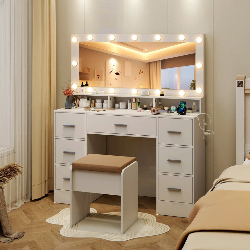 Makeup Vanity Desk with Mirror 3-Color LED Lights and Charging Station by DirectDeals