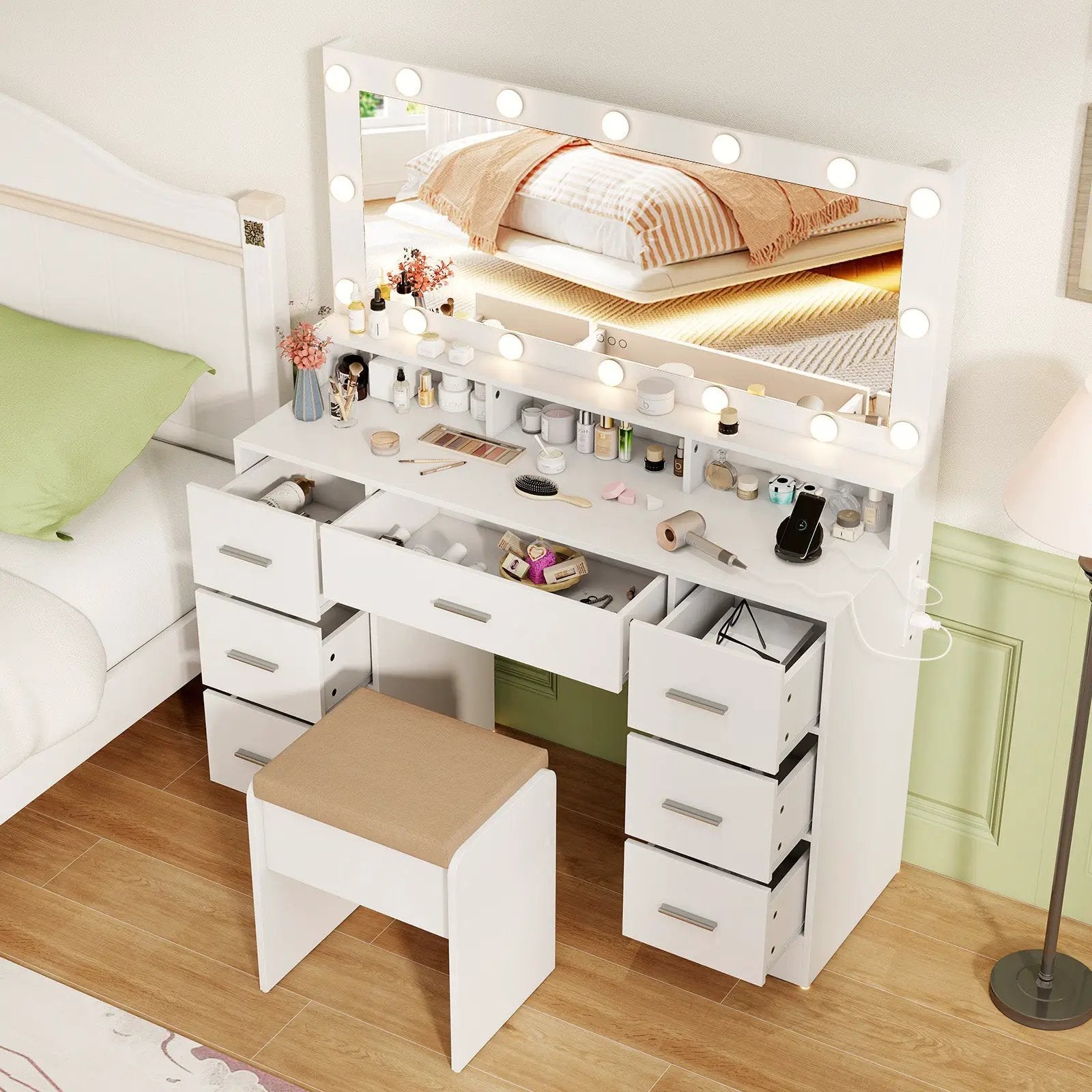 Makeup Vanity Desk with Mirror 3-Color LED Lights and Charging Station by DirectDeals