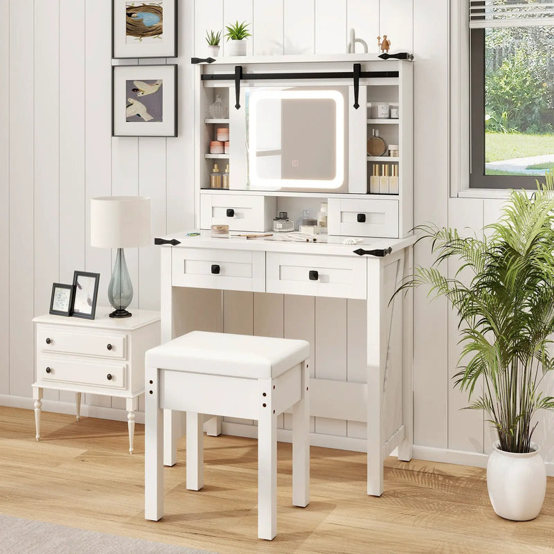 Makeup Vanity Desk with Mirror and Adjustable Storage Shelves-White by DirectDeals