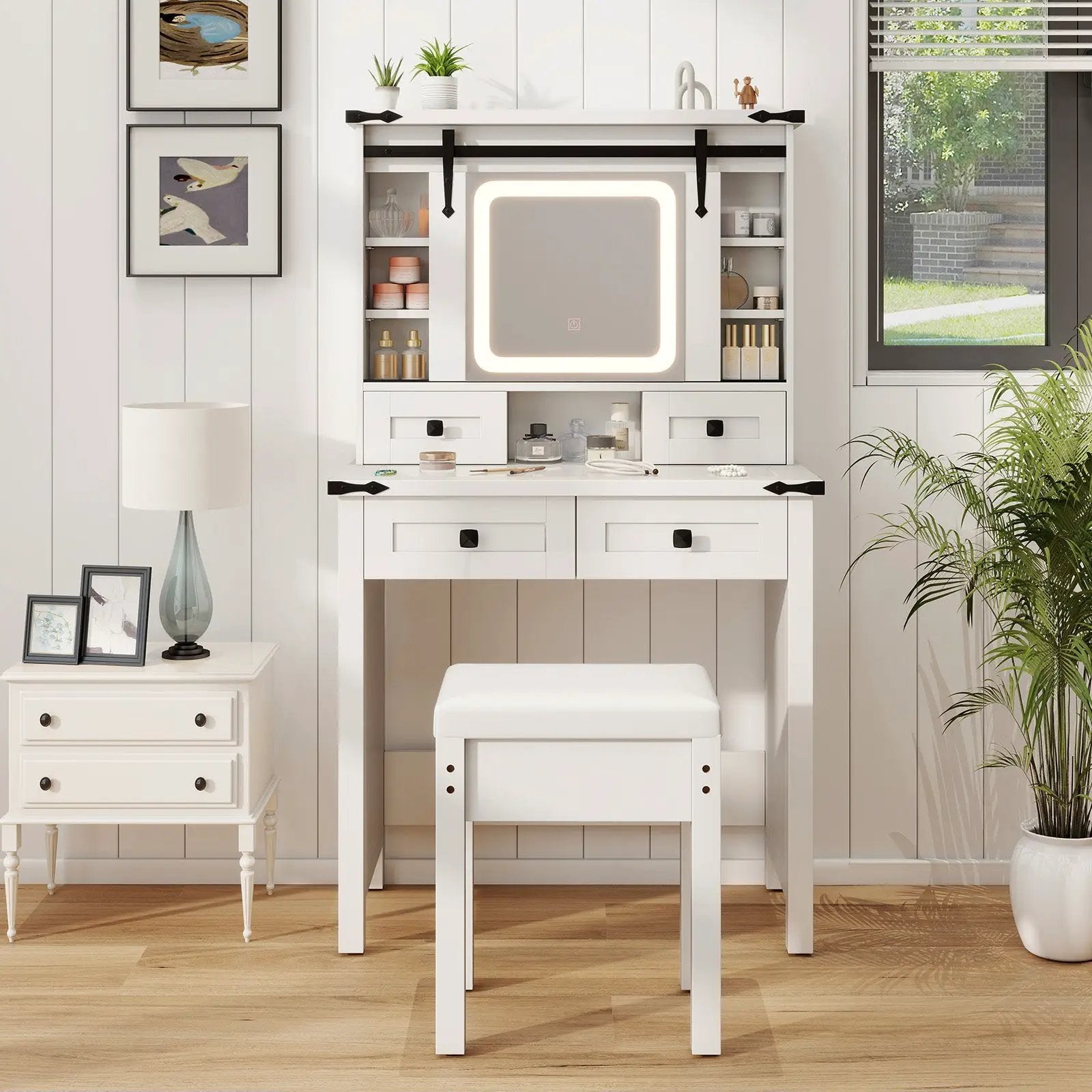 Makeup Vanity Desk with Mirror and Adjustable Storage Shelves-White by DirectDeals