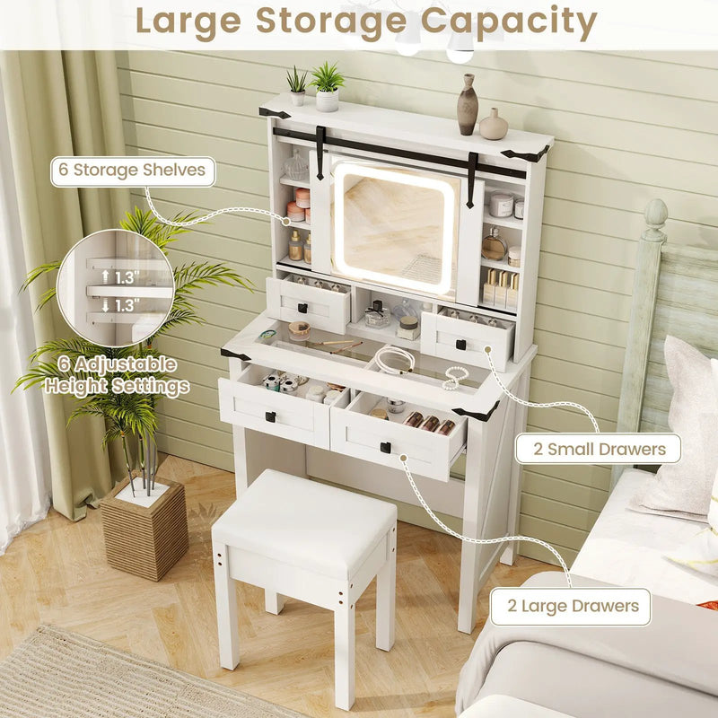 Makeup Vanity Desk with Mirror and Adjustable Storage Shelves-White by DirectDeals