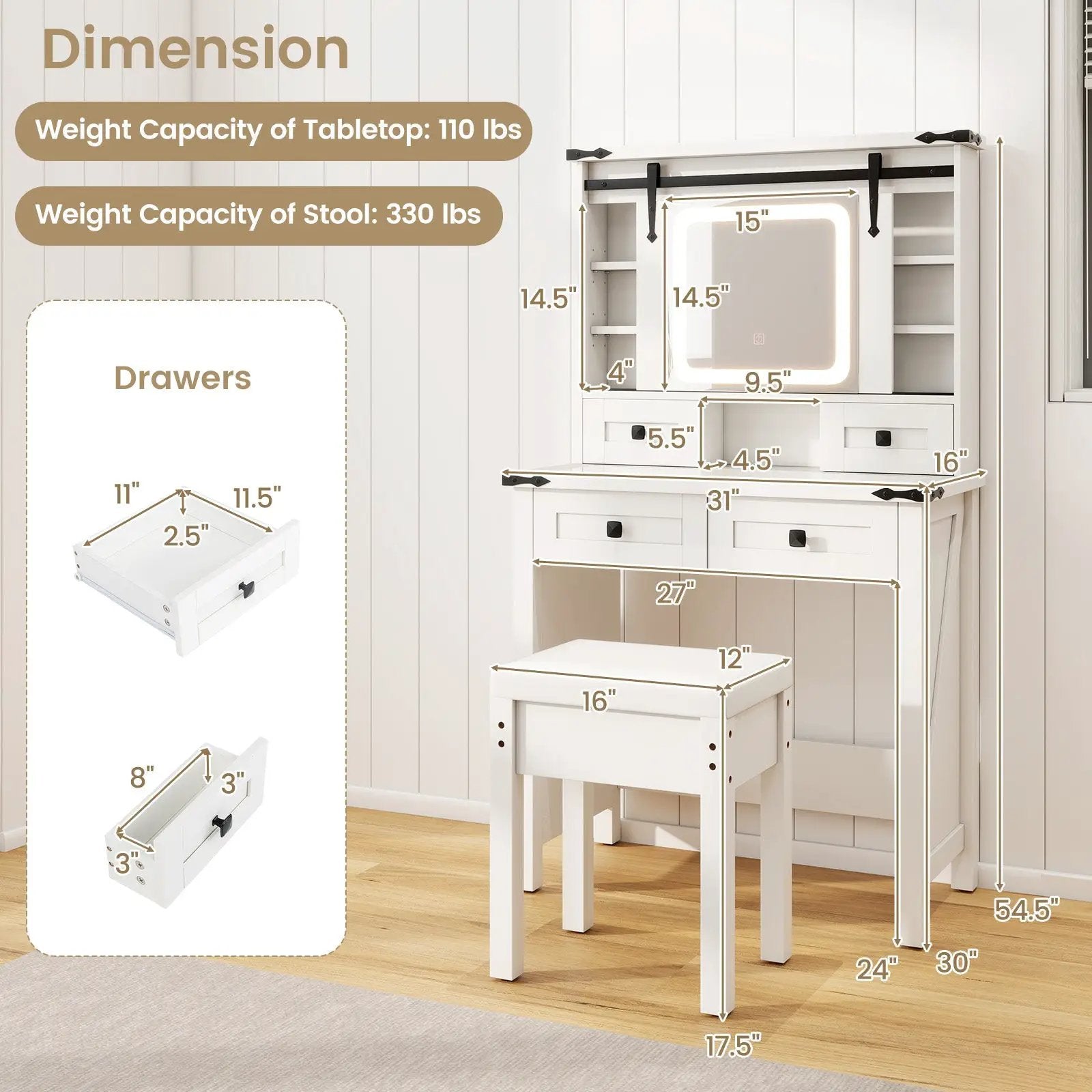Makeup Vanity Desk with Mirror and Adjustable Storage Shelves-White by DirectDeals