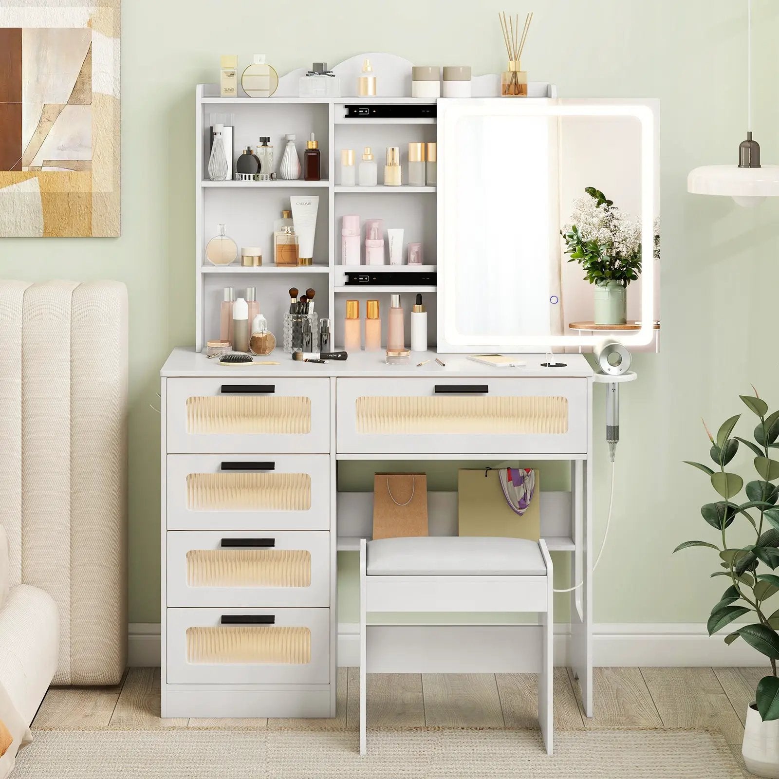 Makeup Vanity Desk with Mirror and Charging Station-White by DirectDeals
