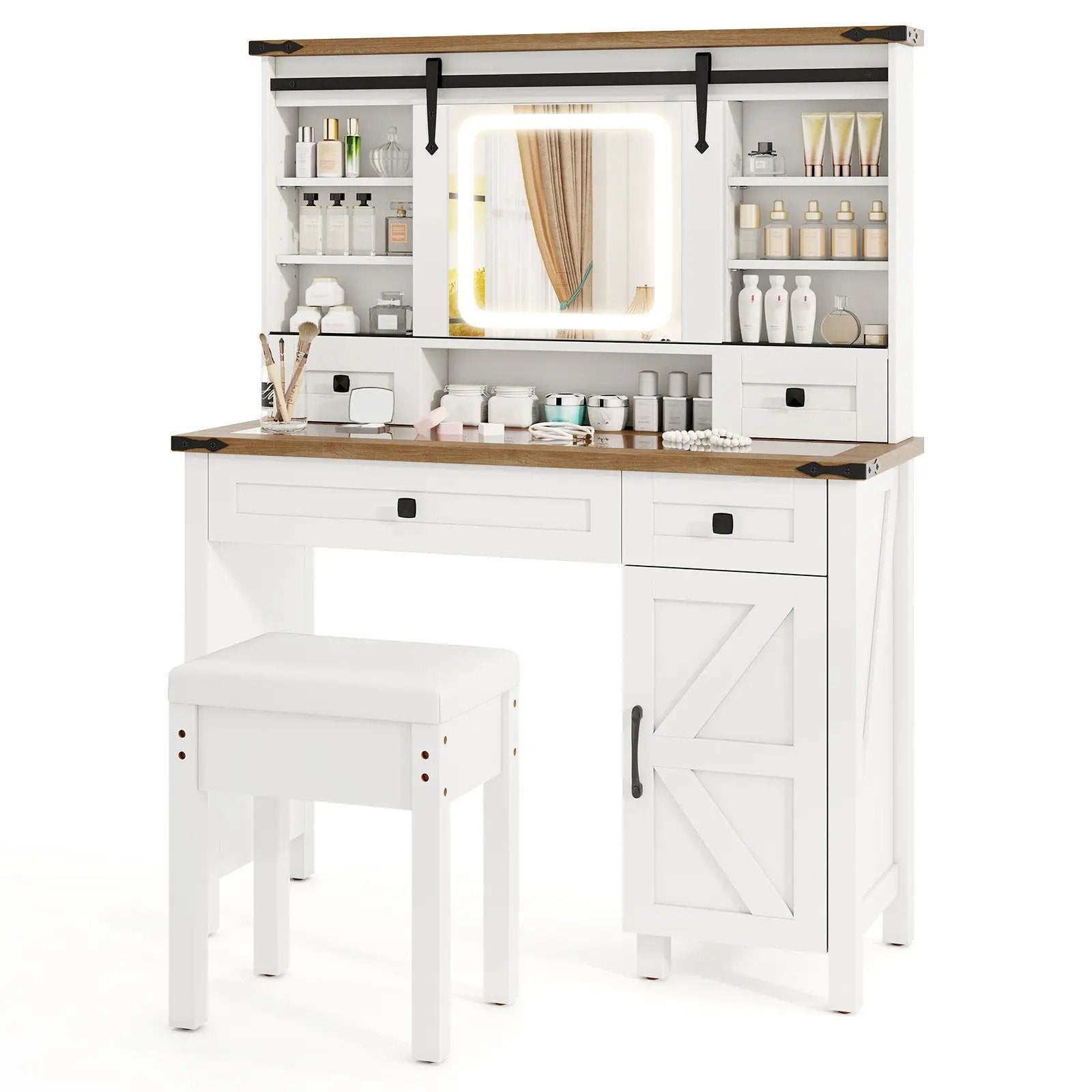 Makeup Vanity Desk with Mirror and 3-Color Dimmable LED Lights-White by DirectDeals