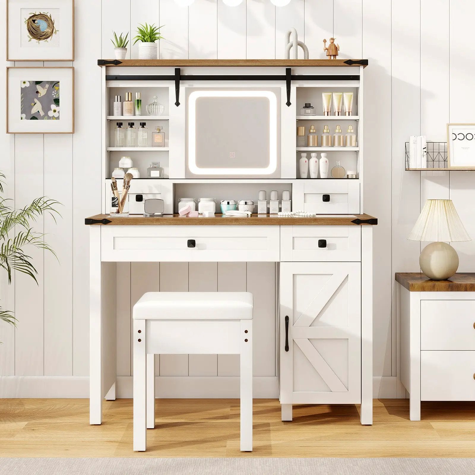 Makeup Vanity Desk with Mirror and 3-Color Dimmable LED Lights-White by DirectDeals