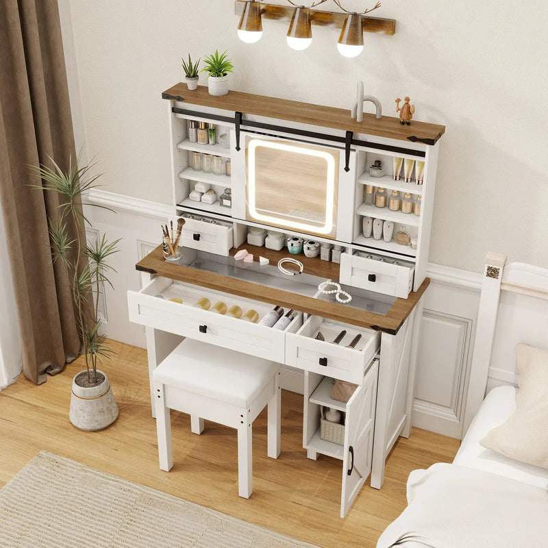 Makeup Vanity Desk with Mirror and 3-Color Dimmable LED Lights-White by DirectDeals