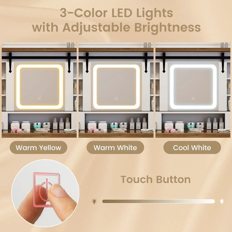 Makeup Vanity Desk with Mirror and 3-Color Dimmable LED Lights-White by DirectDeals