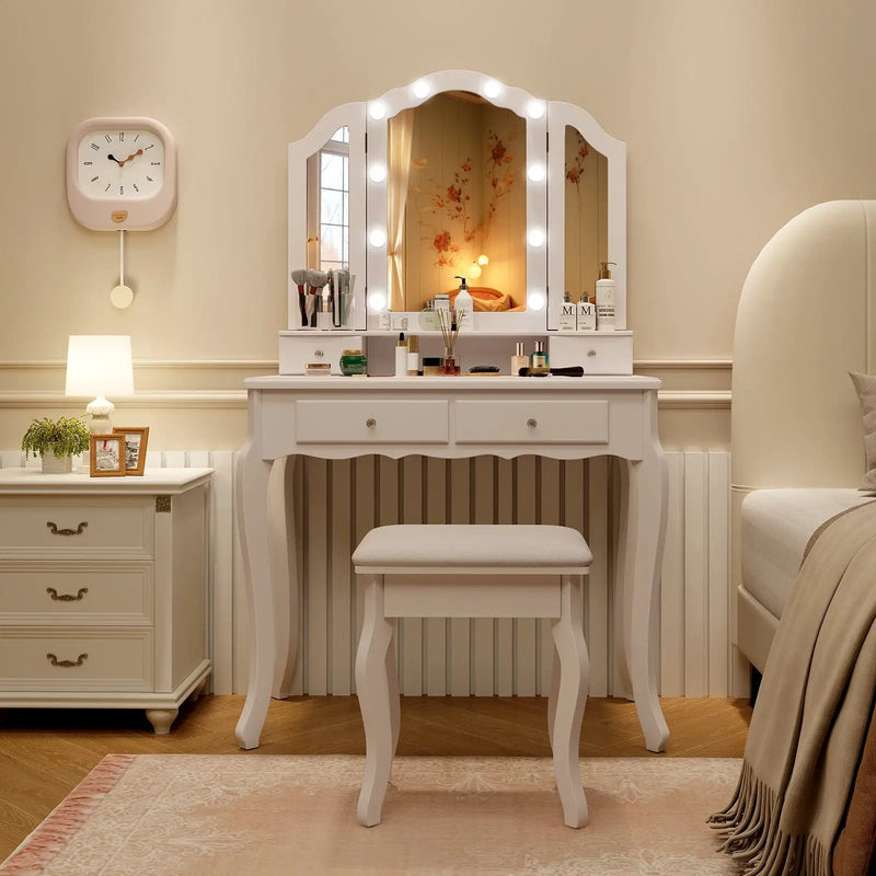 Makeup Vanity Table Set with Lighted Mirror and Drawers by DirectDeals