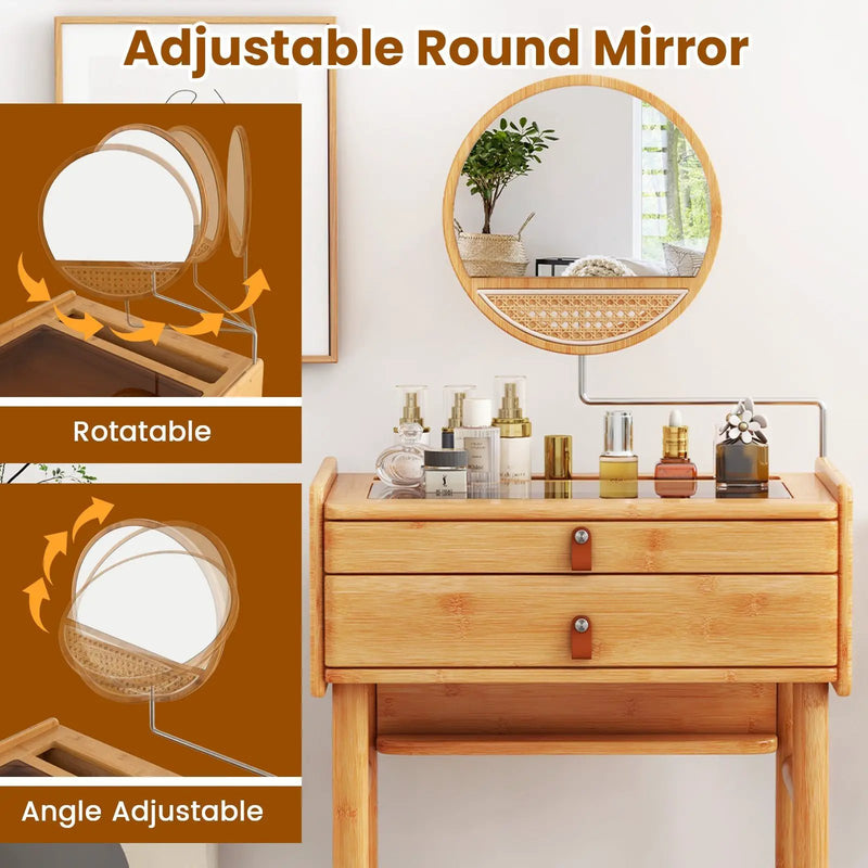 Bamboo Makeup Vanity Table with Mirror with 2 Storage Drawers-Natural by DirectDeals