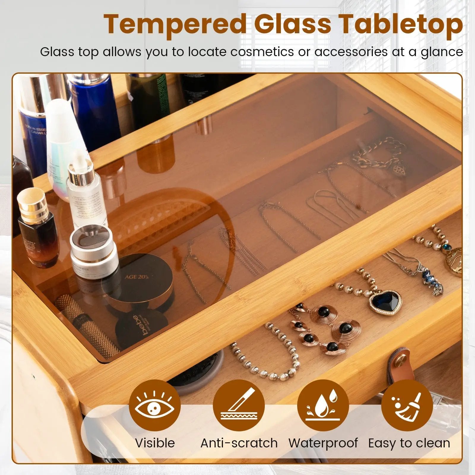 Bamboo Makeup Vanity Table with Mirror with 2 Storage Drawers-Natural by DirectDeals