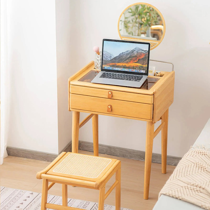 Bamboo Makeup Vanity Table with Stool and Rotating Mirror by DirectDeals