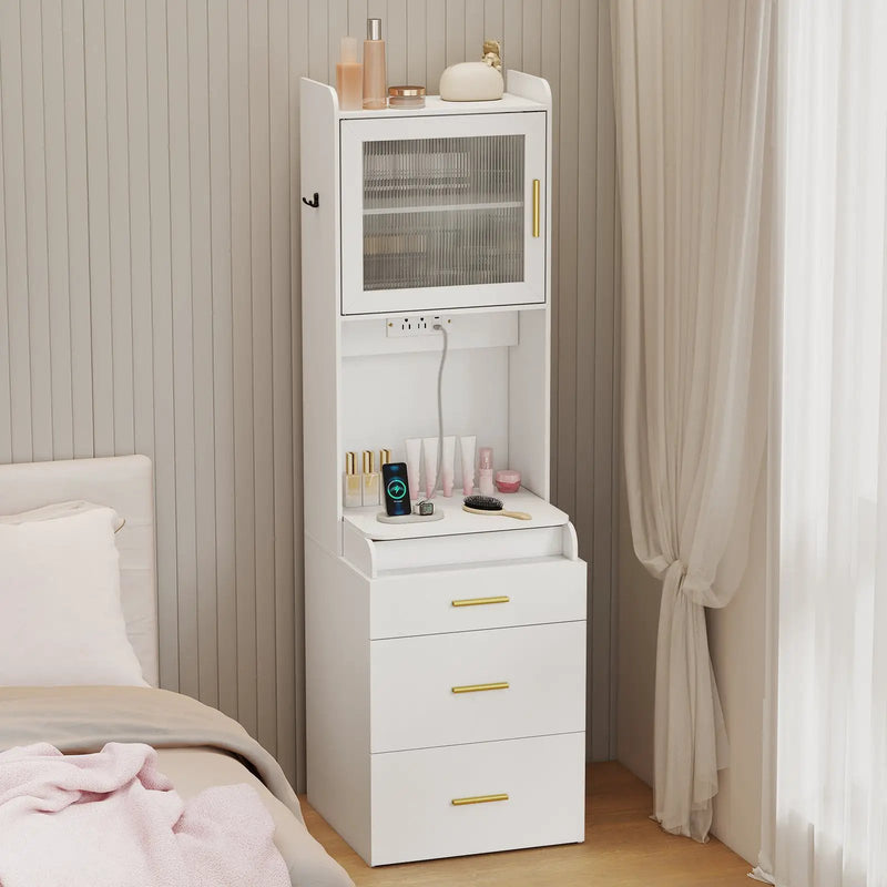 Makeup Vanity with Power Outlets and Flip-top Mirror and Storage Stool-White by DirectDeals