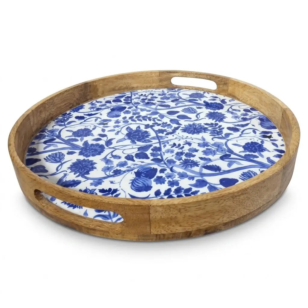 House of Avana Round Blue Mango Wood Serving Tray by House Of Avana