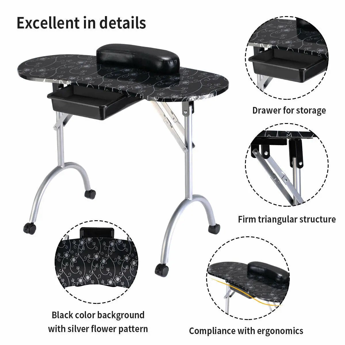 Foldable Manicure Table with Drawer and Wrist Cushion by DirectDeals