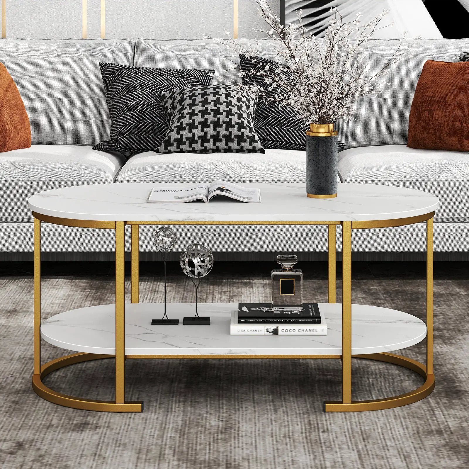 Marble Coffee Table with Open Storage Shelf by DirectDeals