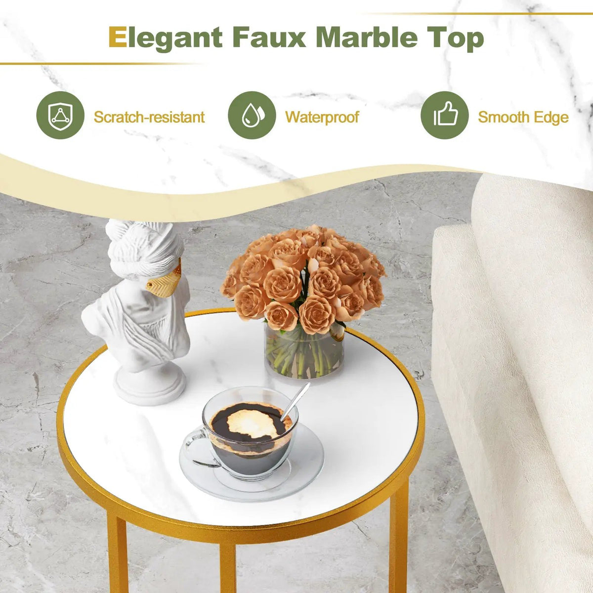 Marble Top Round Side Table 16-Inch End Table with Golden Metal Frame, photo 7 of 9