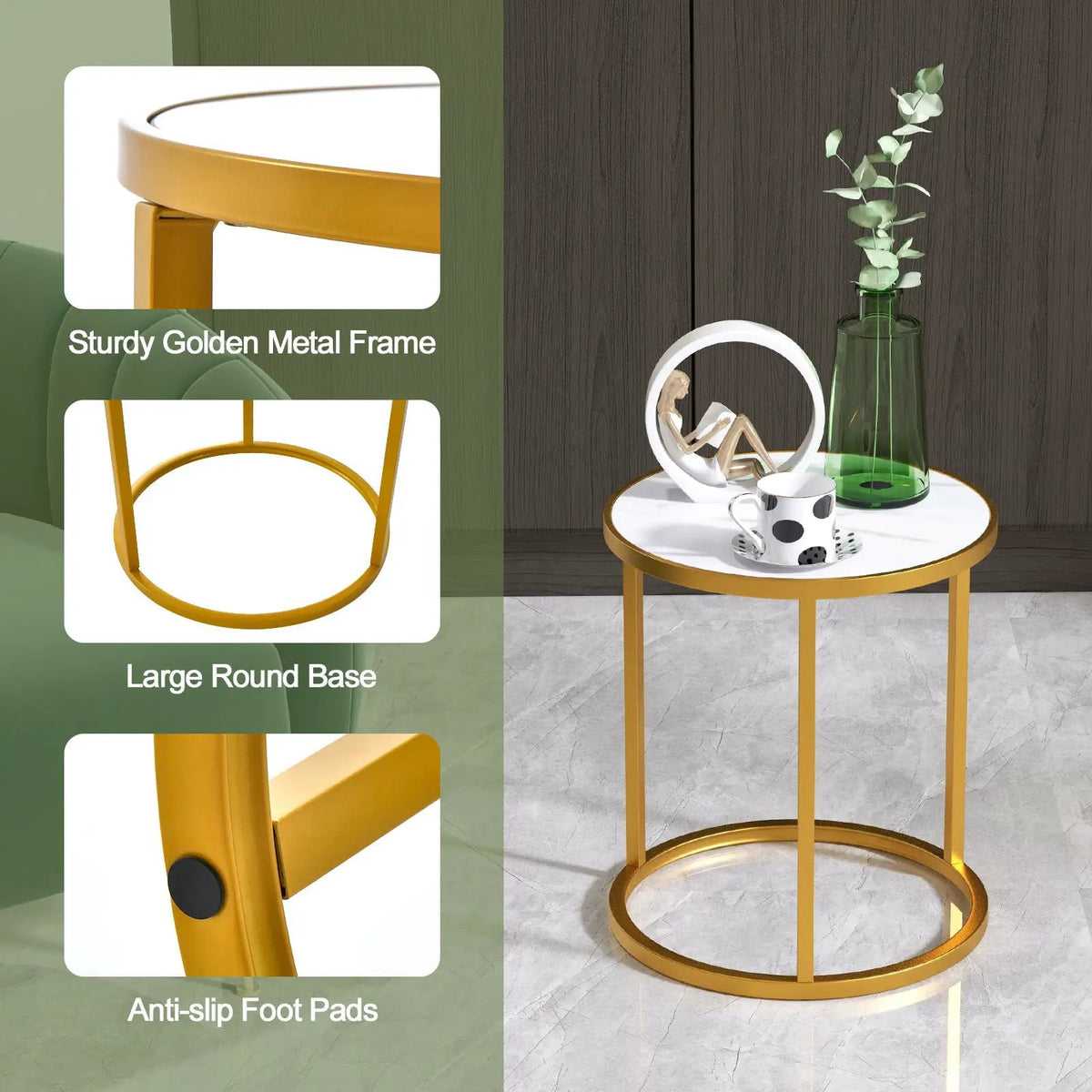 Marble Top Round Side Table 16-Inch End Table with Golden Metal Frame, photo 8 of 9