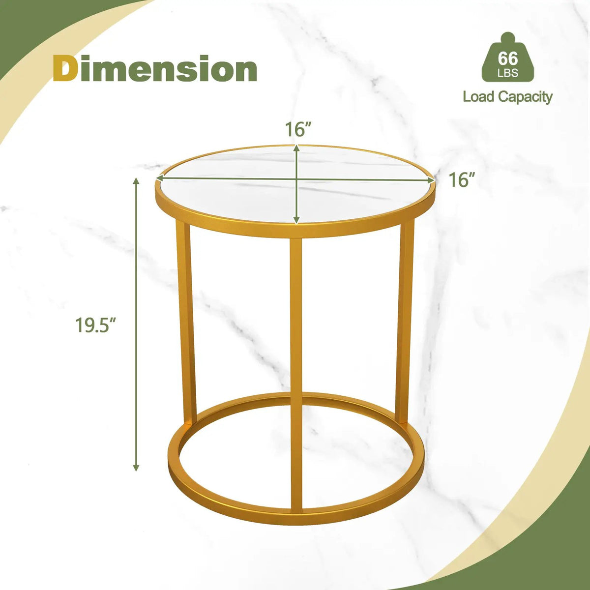 Marble Top Round Side Table 16-Inch End Table with Golden Metal Frame, photo 4 of 9