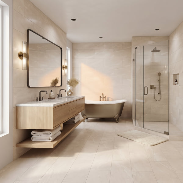 A modern bathroom interior with a floating double-sink vanity, large wall mirror, freestanding clawfoot bathtub, glass shower enclosure, and light beige stone tile surfaces.
