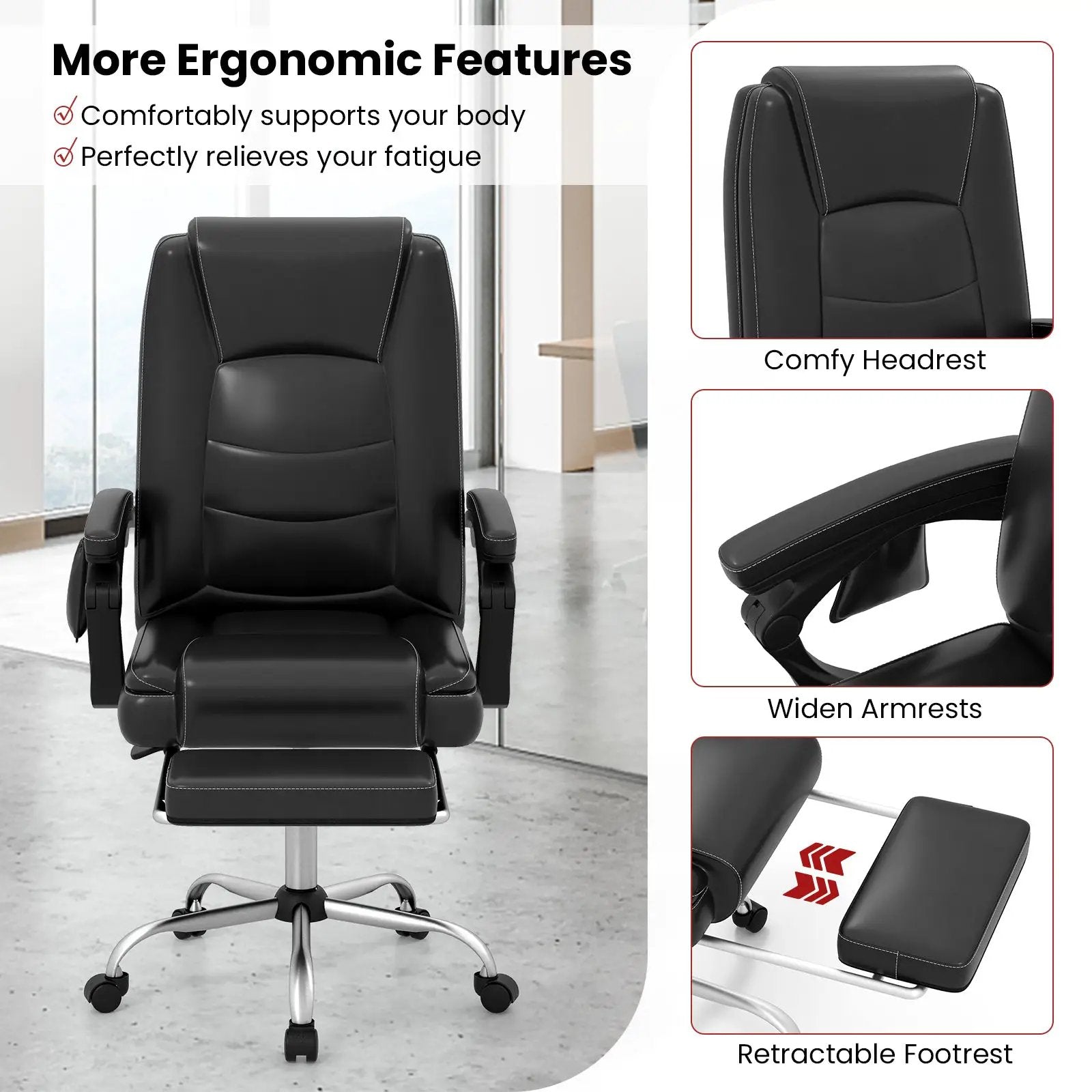 Massage Adjustable Executive Chair with Armrests and Retractable Footrest-Black by DirectDeals