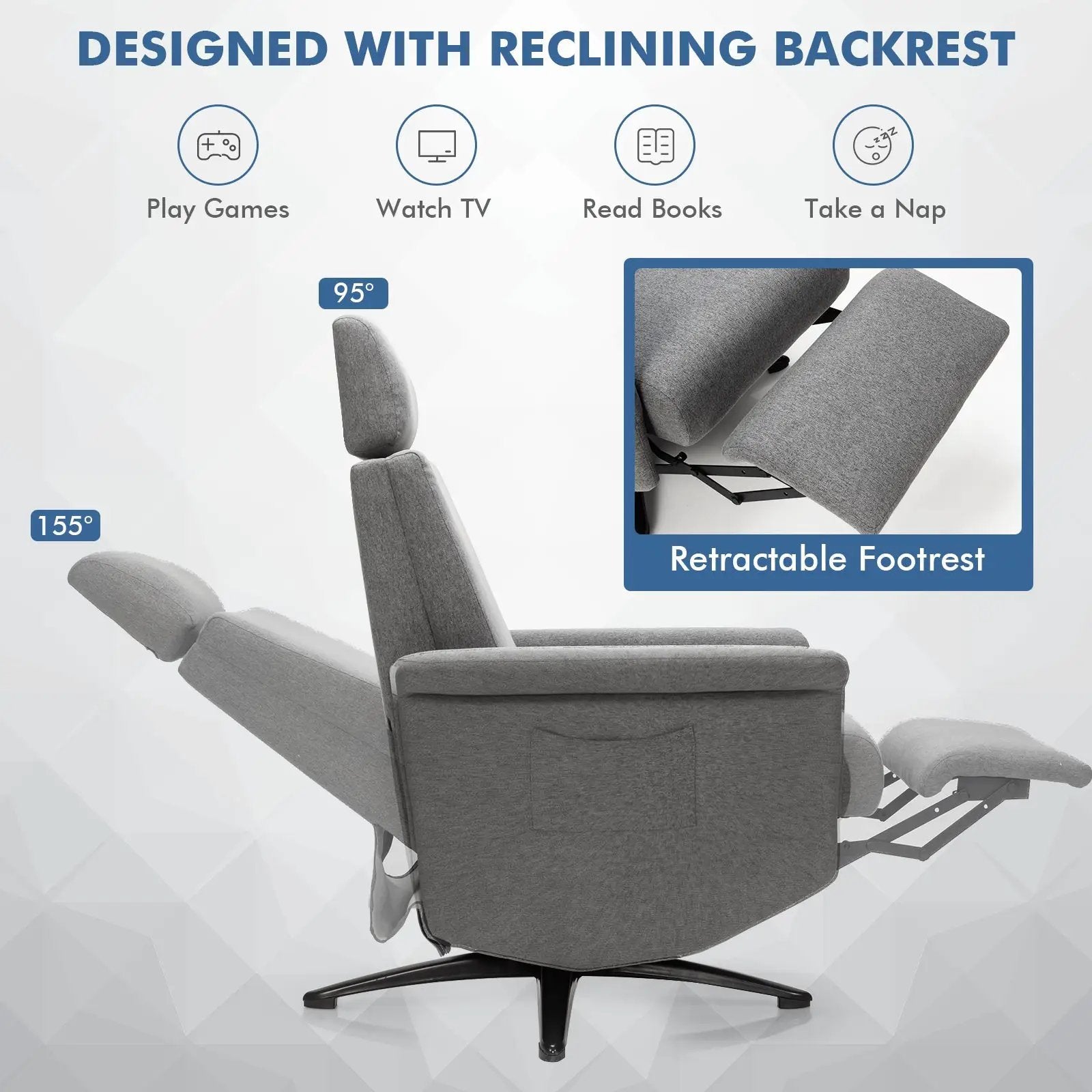 Swivel Massage Recliner Single Sofa with Adjustable Headrest-Gray by DirectDeals