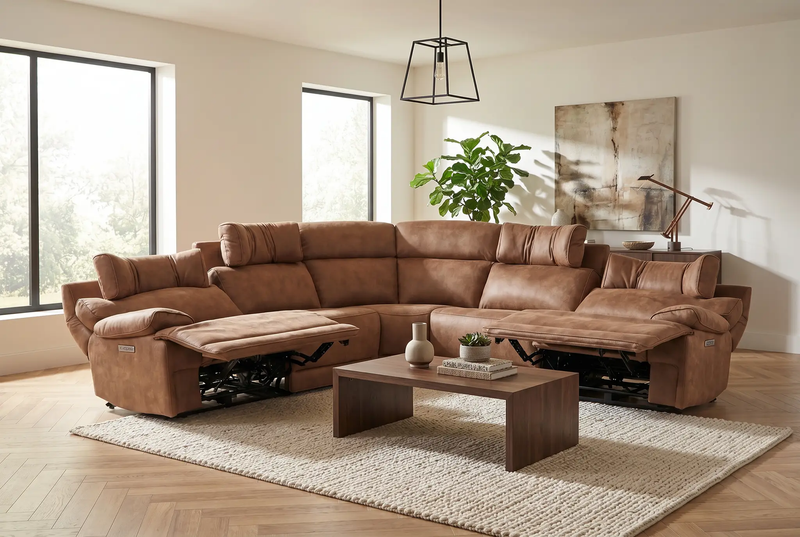 MaxView Media Mocha 6-Piece Power Reclining Sectional with Immersive Sound System by Ornate Furniture