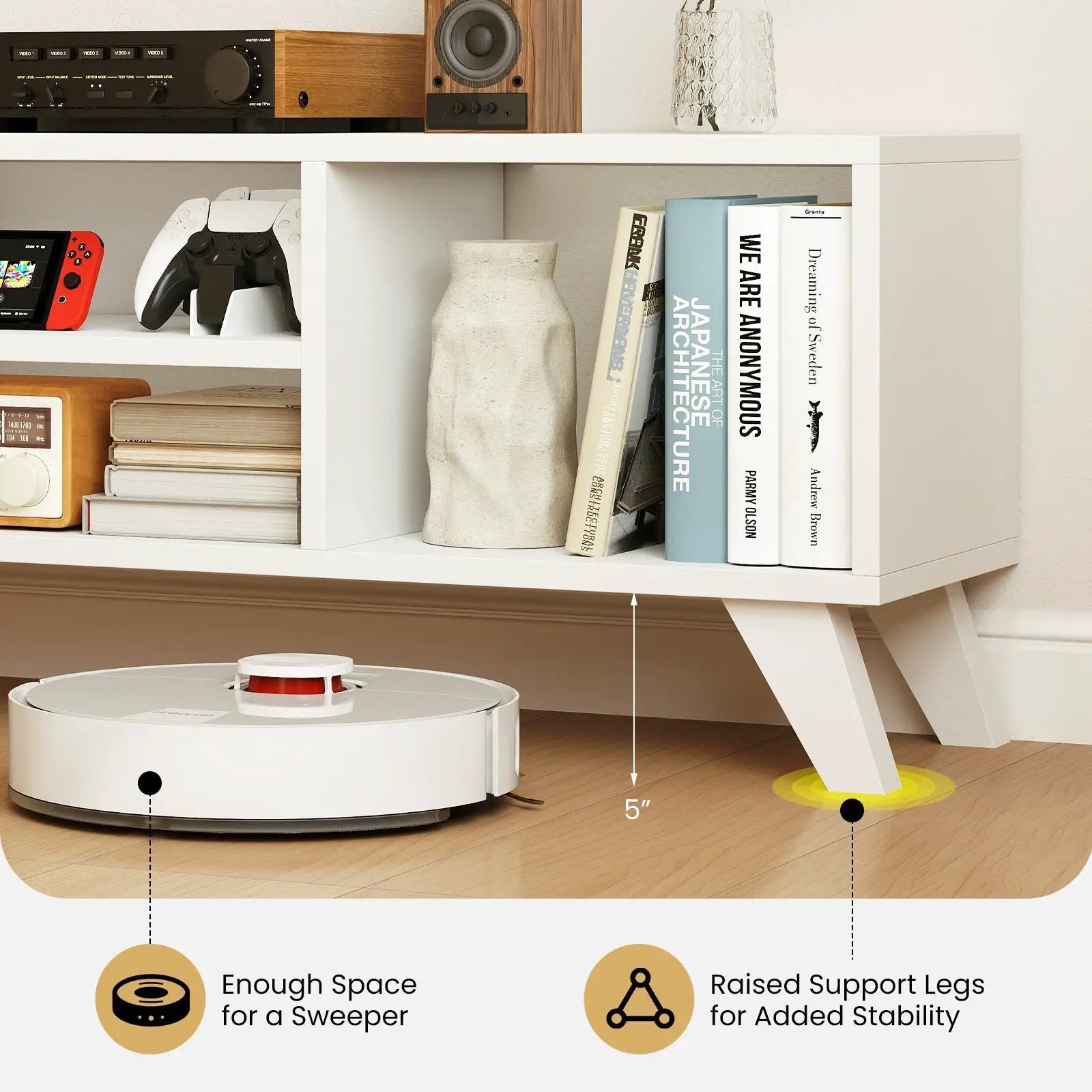 Media TV Console Table with Raised Support Legs-White by DirectDeals