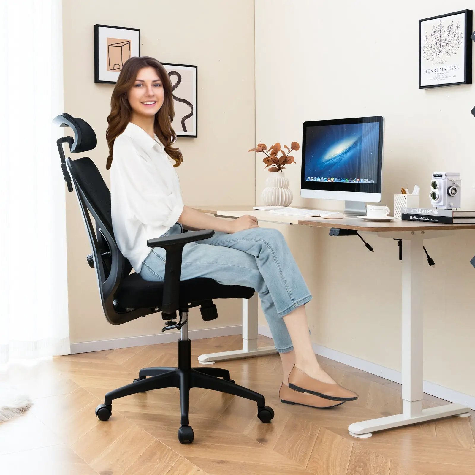 Mesh Ergonomic Office Chair Adjustable Swivel Task Chair with Rocking Backrest-Black by DirectDeals