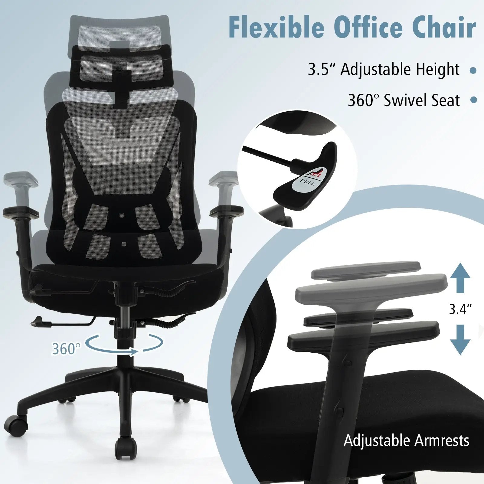 Mesh Ergonomic Office Chair Adjustable Swivel Task Chair with Rocking Backrest-Black by DirectDeals