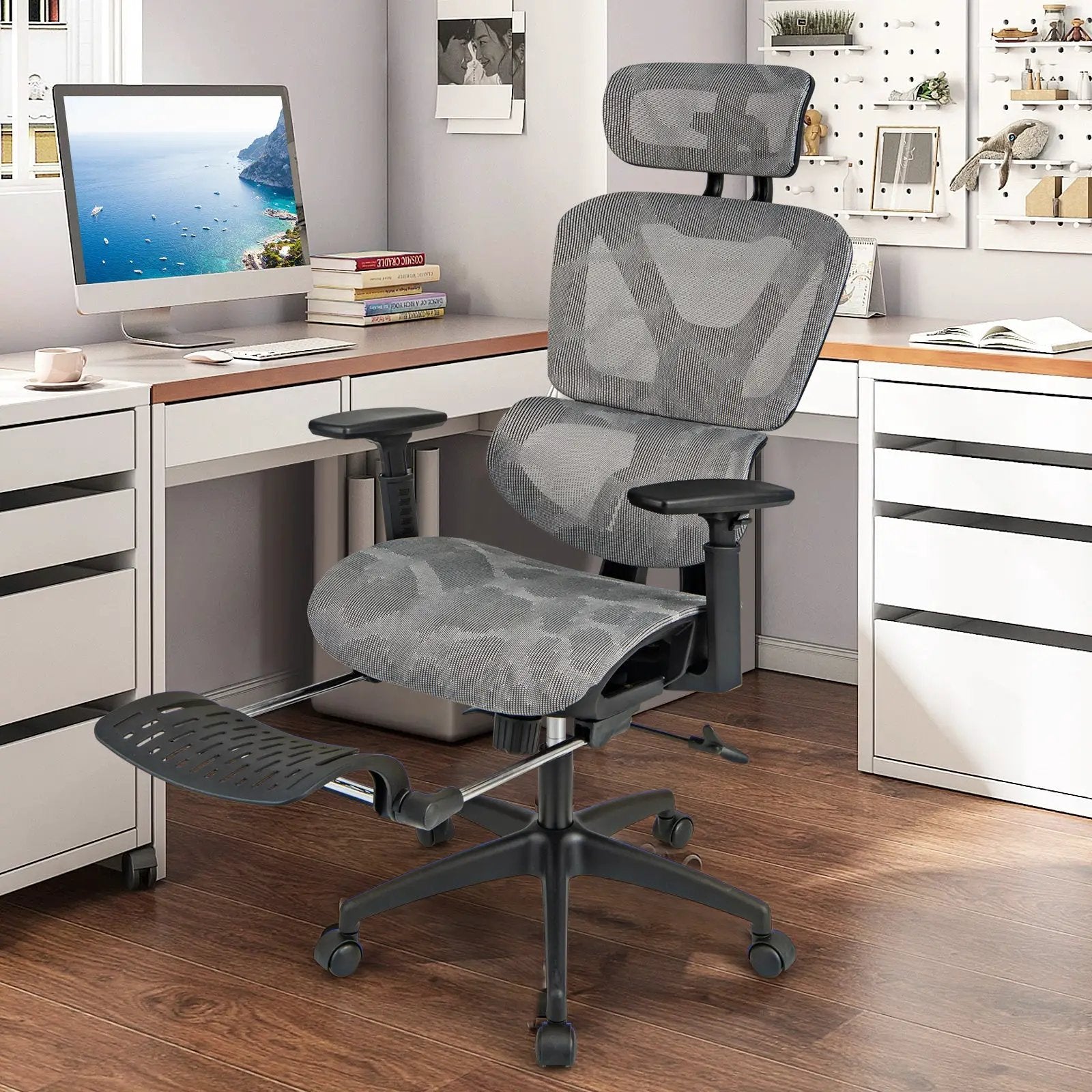 Mesh Office Chair with Tilting Backrest and Retractable Footrest-Gray by DirectDeals