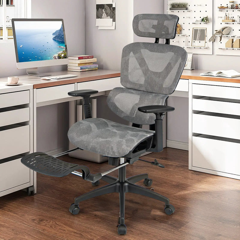 Mesh Office Chair with Tilting Backrest and Retractable Footrest-Gray by DirectDeals