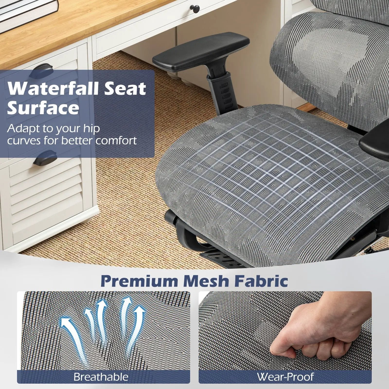 Mesh Office Chair with Tilting Backrest and Retractable Footrest-Gray by DirectDeals