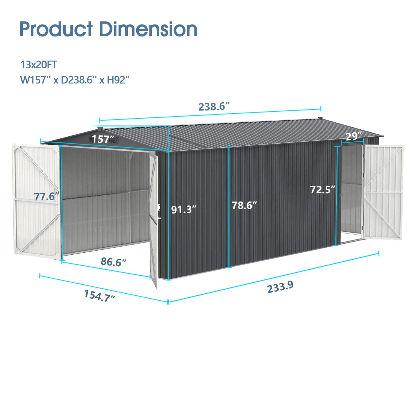 13'x20' Metal Shed with Double Front Doors & Side Entry Door by Chery Industrial