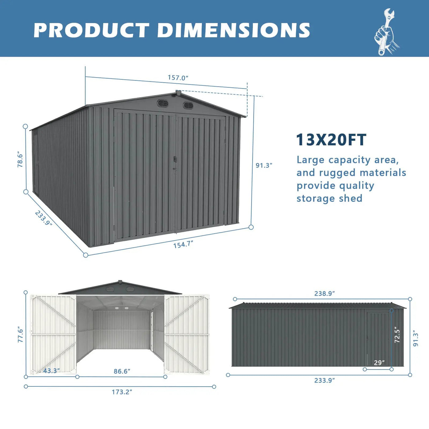 13'x20' Metal Shed with Double Front Doors & Side Entry Door by Chery Industrial