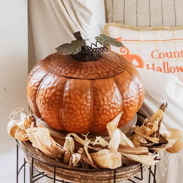 Indoor/Outdoor Metal Pumpkin with Lid by Decor Steals