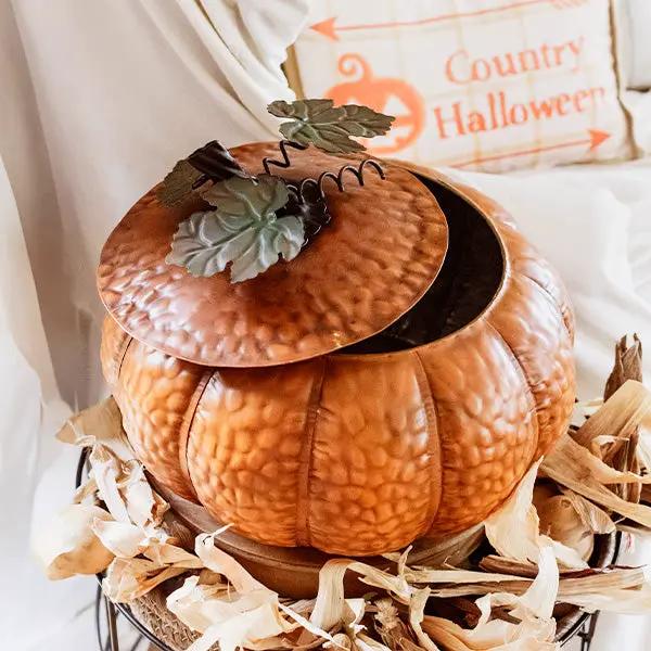Indoor/Outdoor Metal Pumpkin with Lid by Decor Steals