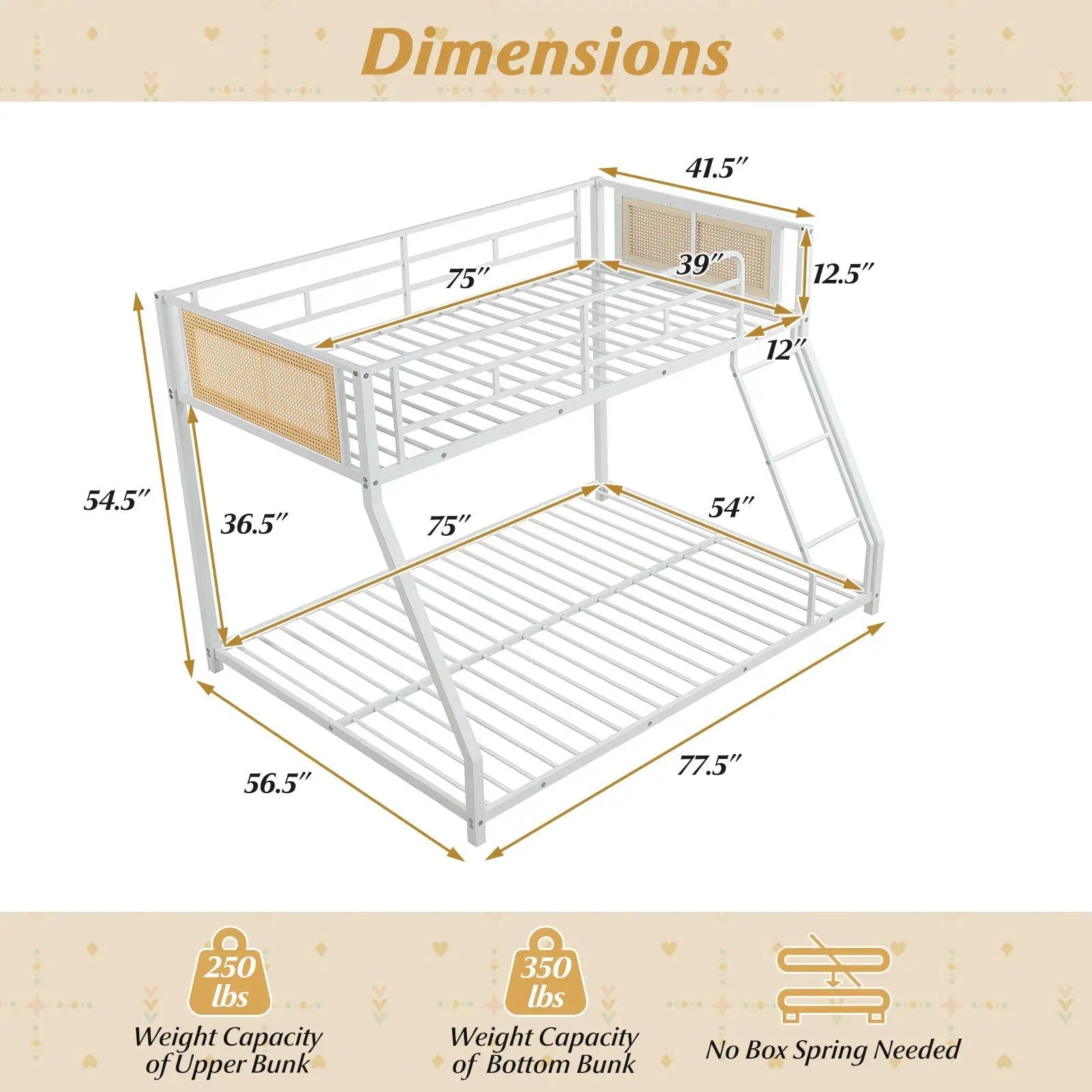 Metal Bunk Bed Twin Over Full with Full Length Safety Guardrail and Ramp Ladder by DirectDeals