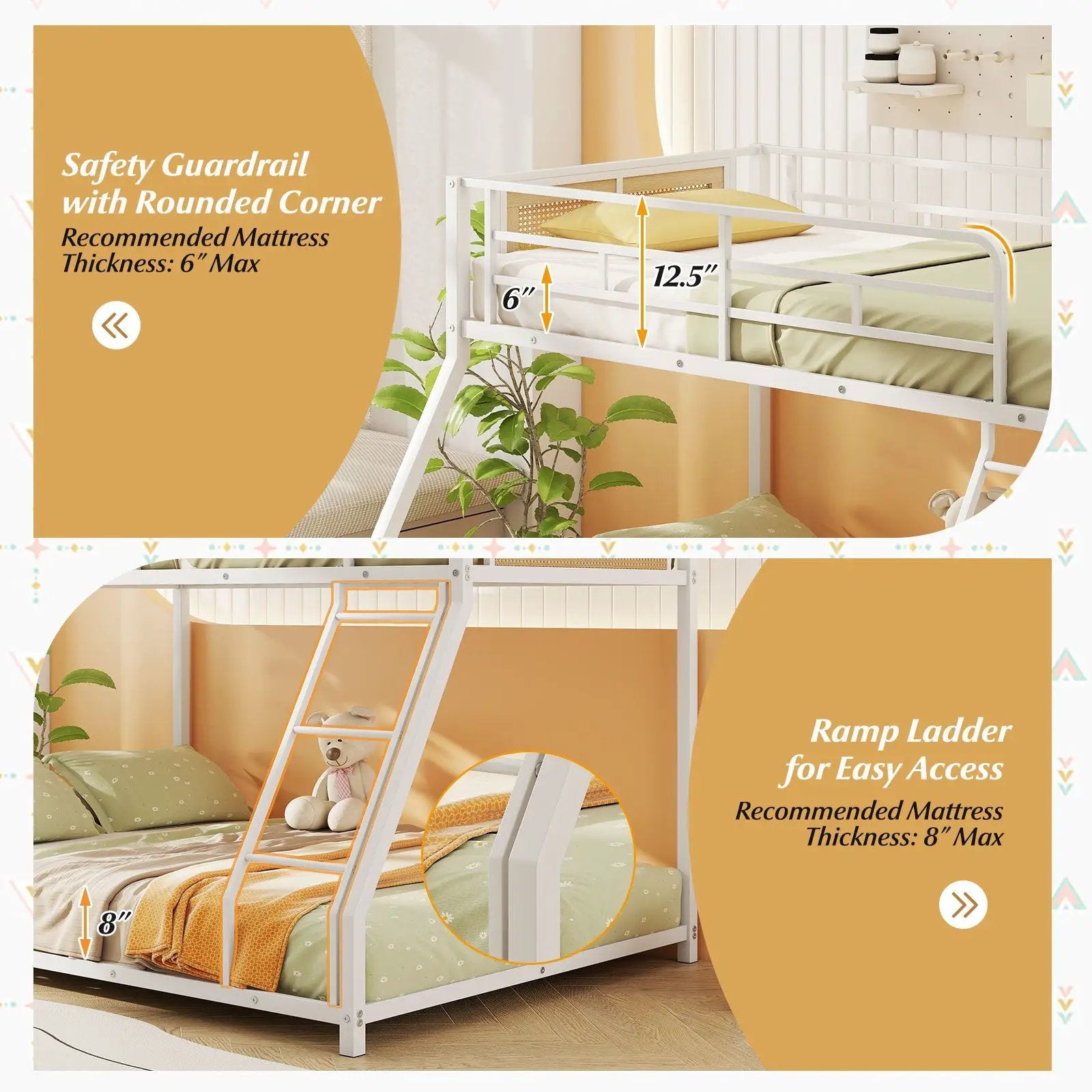 Metal Bunk Bed Twin Over Full with Full Length Safety Guardrail and Ramp Ladder by DirectDeals