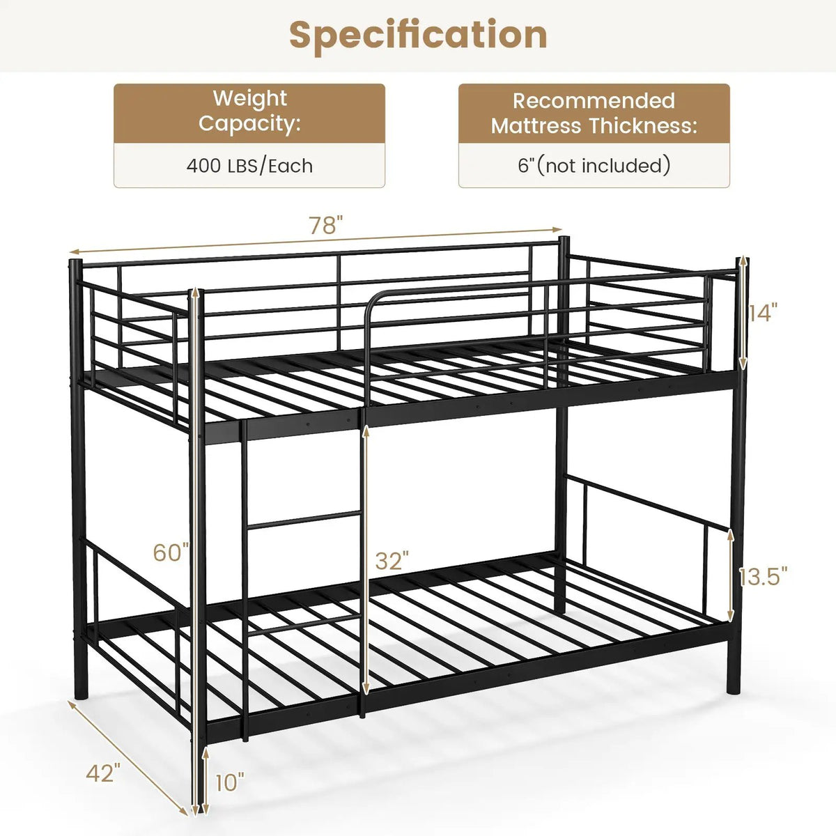 Metal Bunk Bed with Ladder and Full-length Guardrails, photo 5 of 9