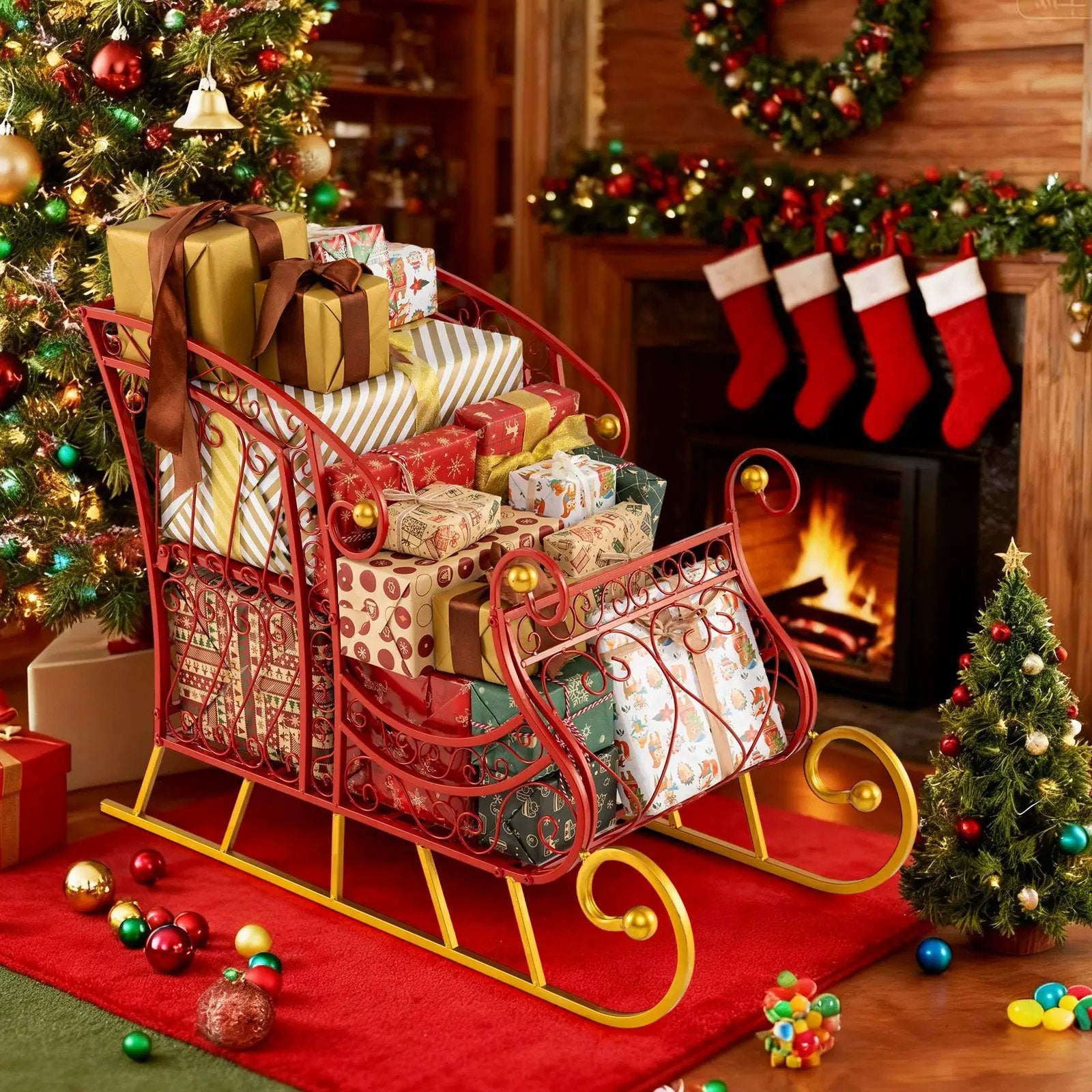 Metal Christmas Santa Sleigh Basket 2-Tier Xmas Santa's Gift Storage Sleigh by DirectDeals
