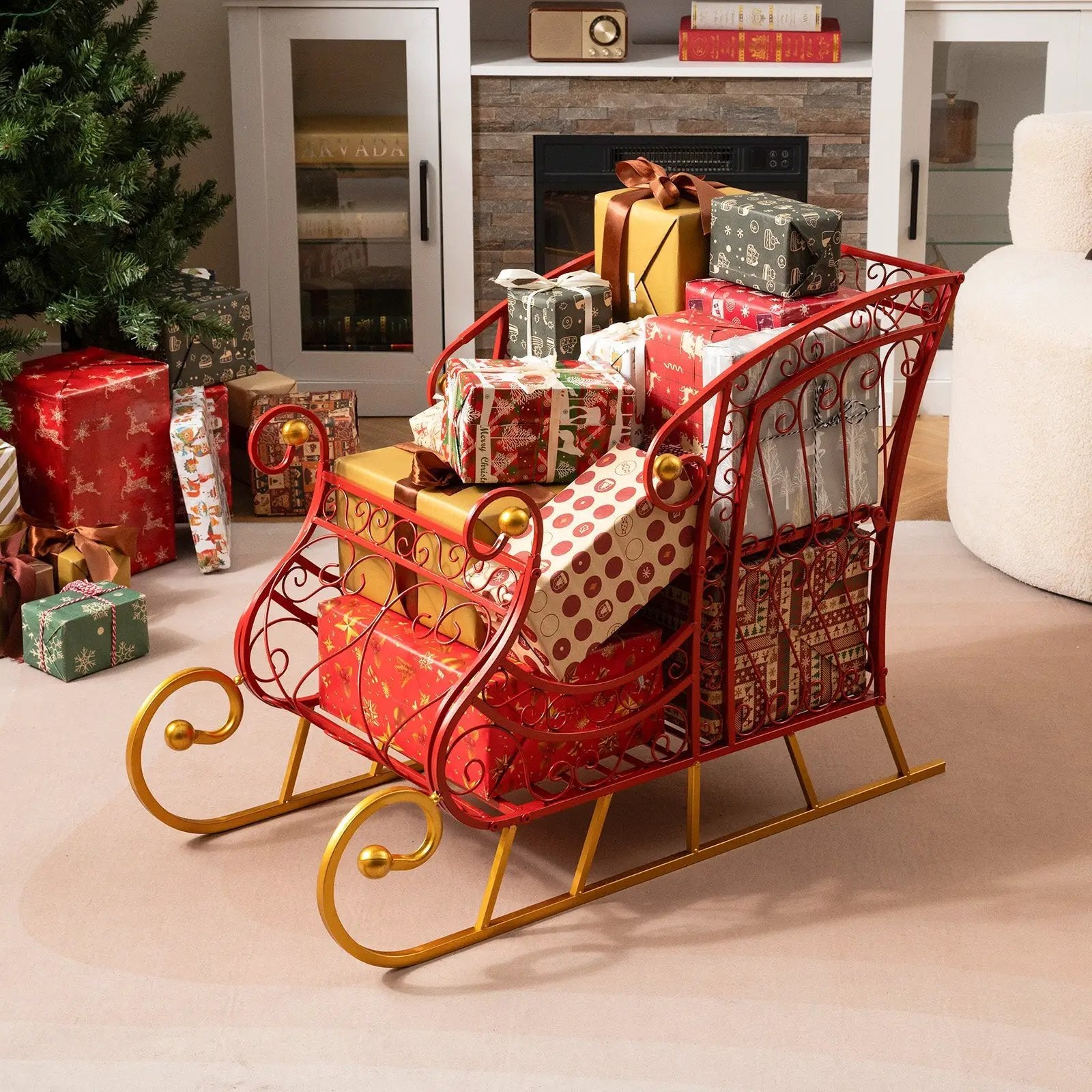 Metal Christmas Santa Sleigh Basket 2-Tier Xmas Santa's Gift Storage Sleigh by DirectDeals