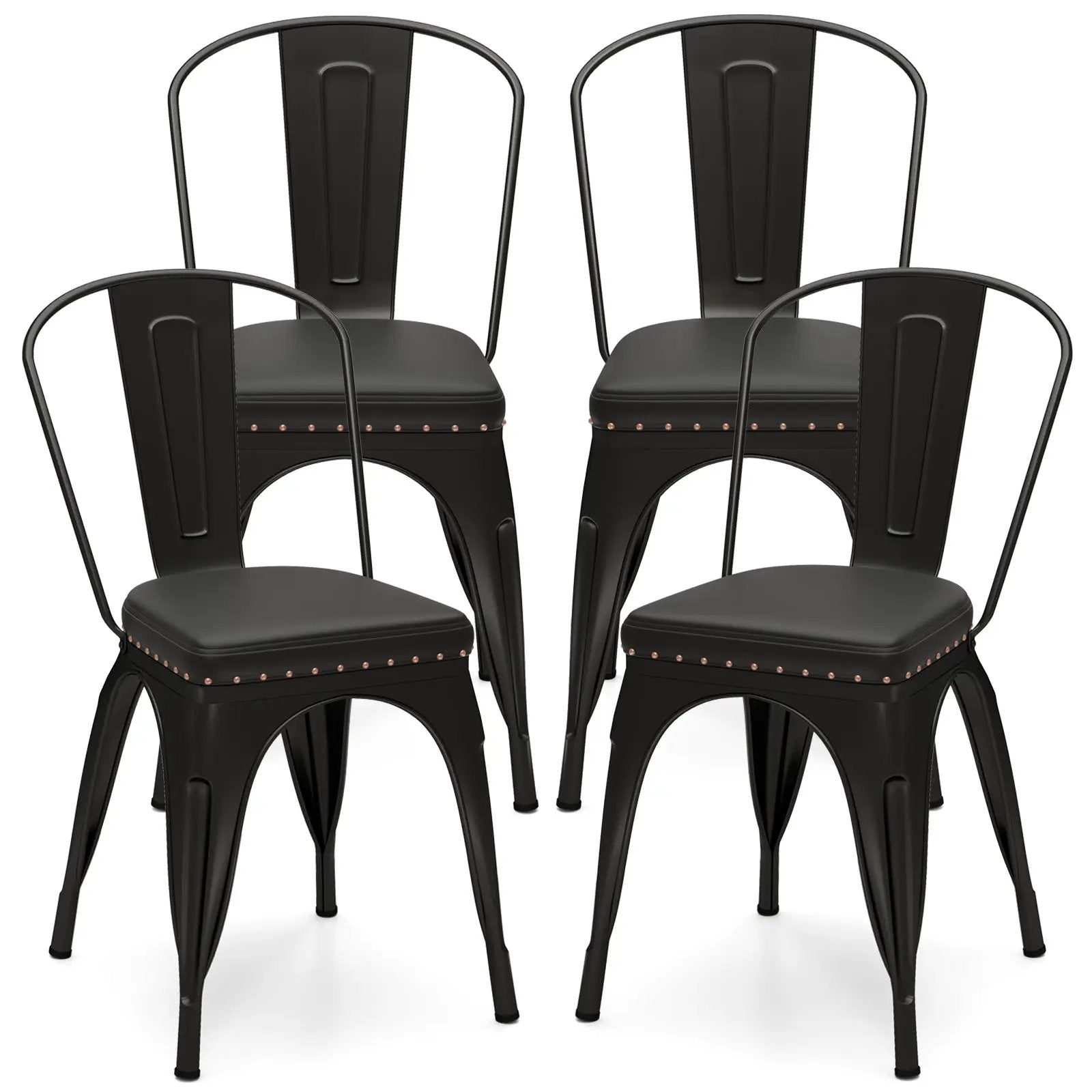 Metal Dining Chair Set of 4 Stackable Kitchen Chairs with Removable Backs and PU Leather Cushioned Seat-Black by DirectDeals