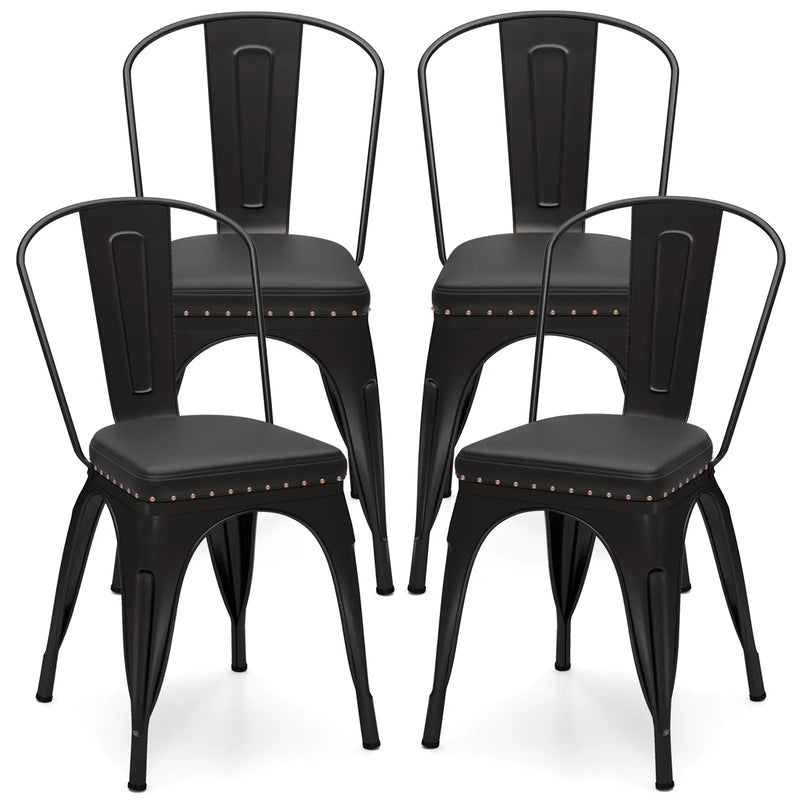 Metal Dining Chair Set of 4 Stackable Kitchen Chairs with Removable Backs and PU Leather Cushioned Seat-Black by DirectDeals