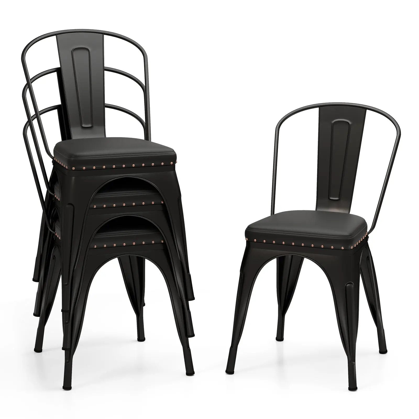 Metal Dining Chair Set of 4 Stackable Kitchen Chairs with Removable Backs and PU Leather Cushioned Seat-Black by DirectDeals