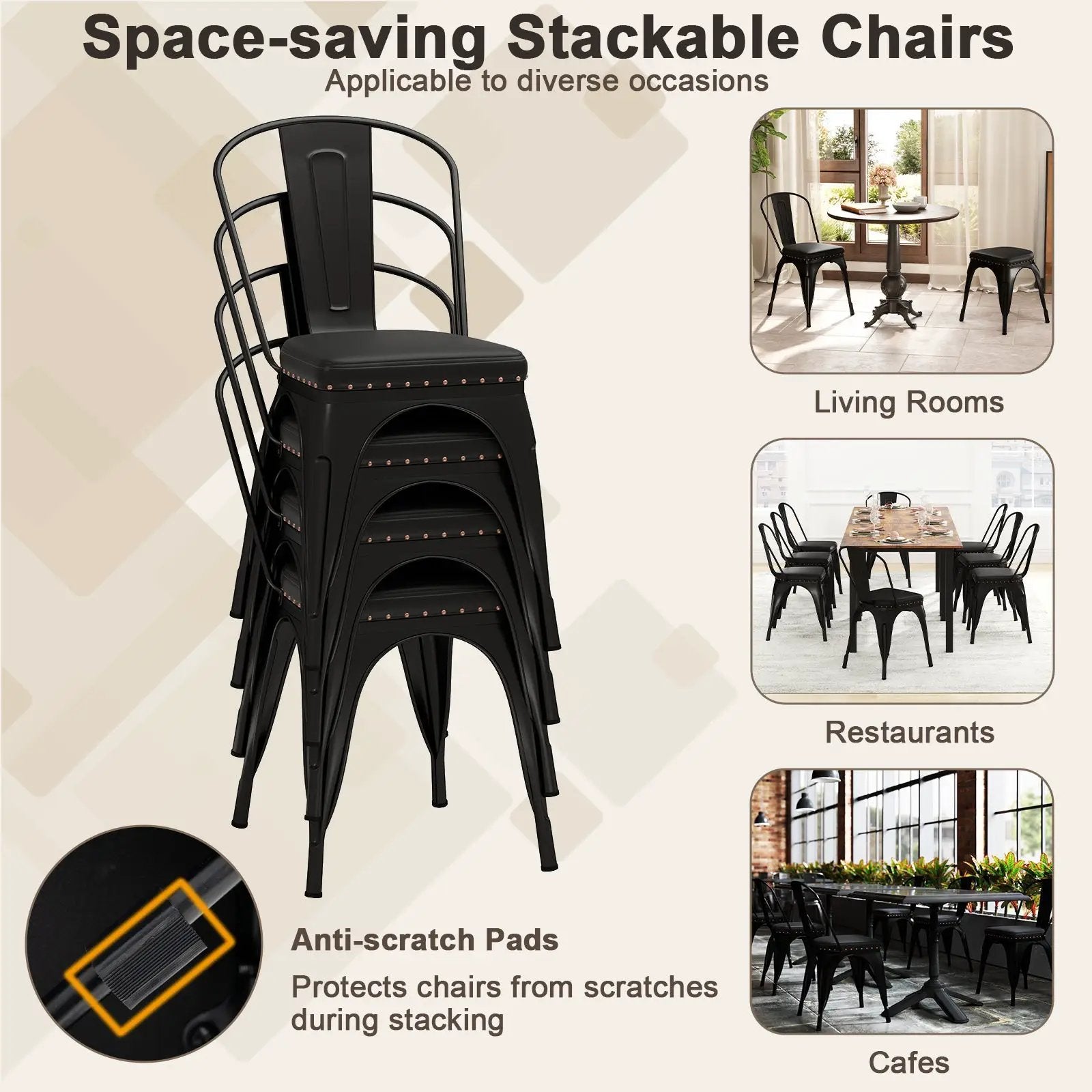 Metal Dining Chair Set of 4 Stackable Kitchen Chairs with Removable Backs and PU Leather Cushioned Seat-Black by DirectDeals