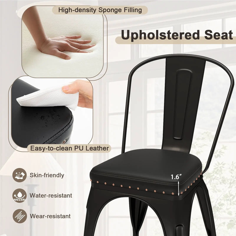 Metal Dining Chair Set of 4 Stackable Kitchen Chairs with Removable Backs and PU Leather Cushioned Seat-Black by DirectDeals