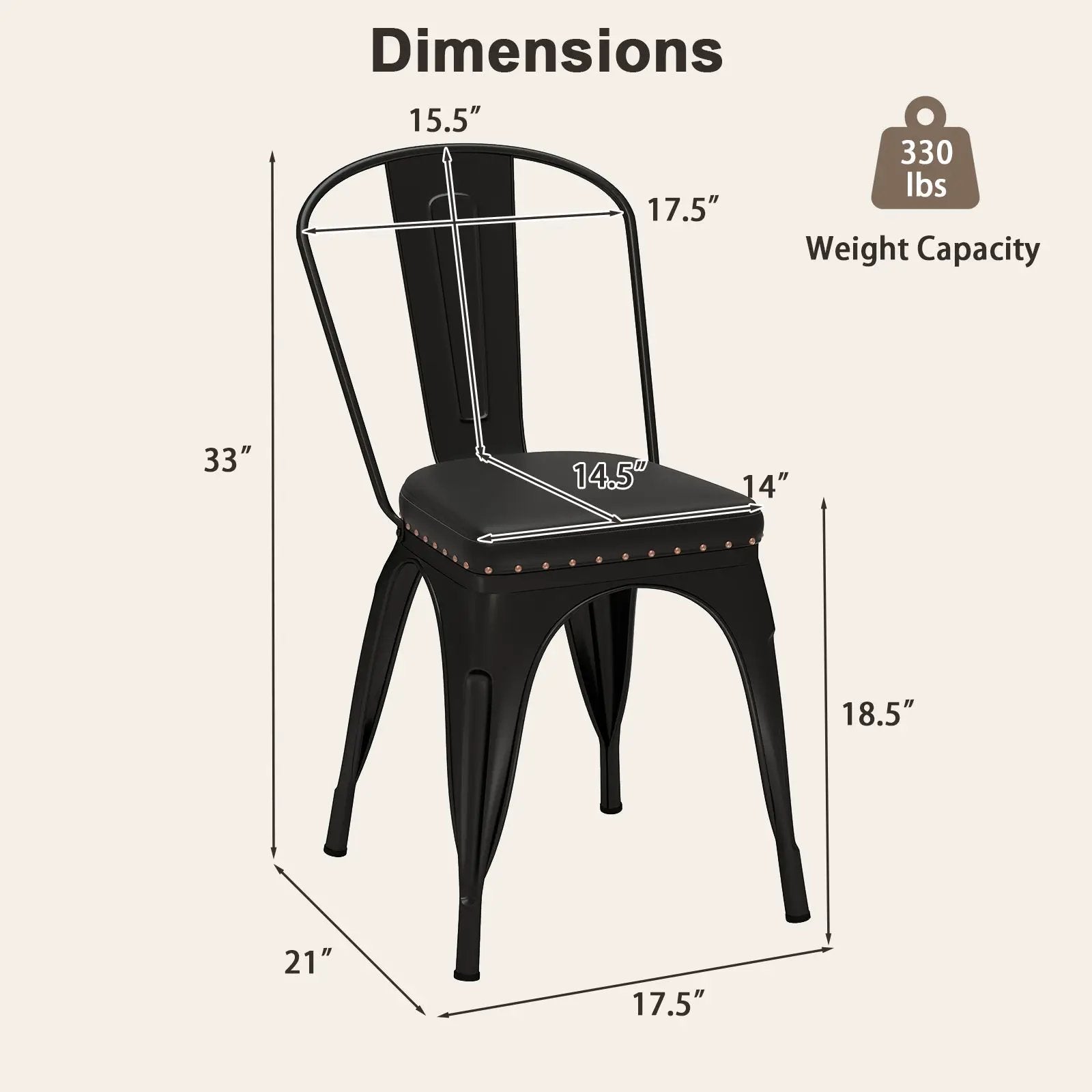 Metal Dining Chair Set of 4 Stackable Kitchen Chairs with Removable Backs and PU Leather Cushioned Seat-Black by DirectDeals
