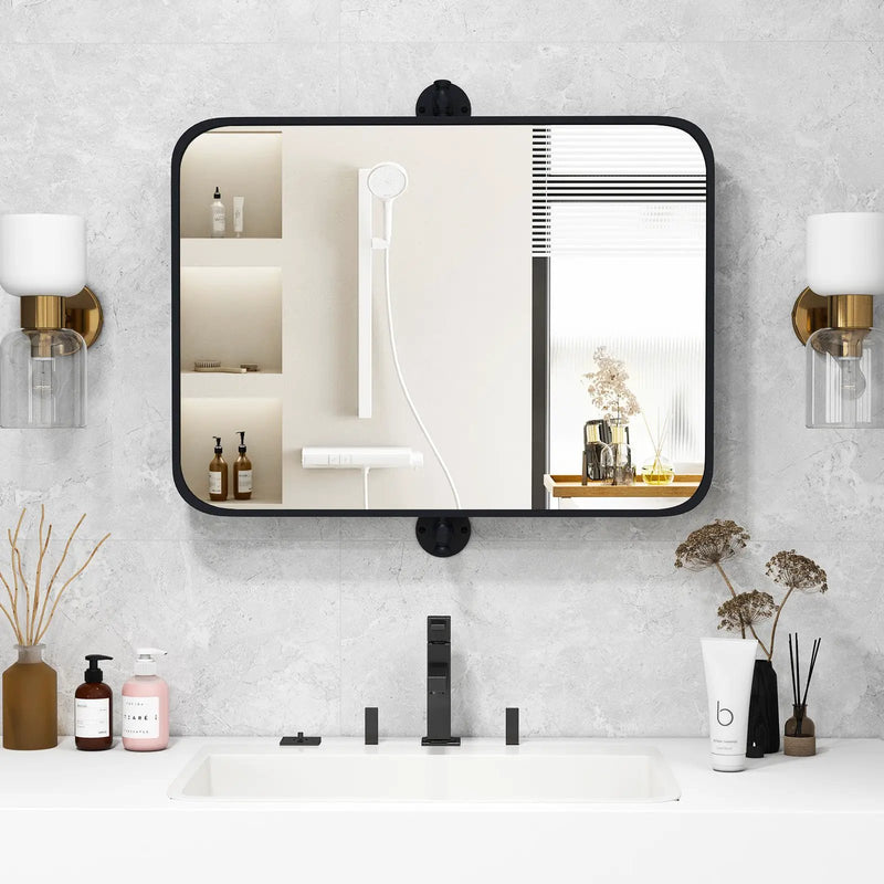 30 x 22 Inch Black Metal Framed Pivot Rectangle Wall-Mounted Mirror by DirectDeals