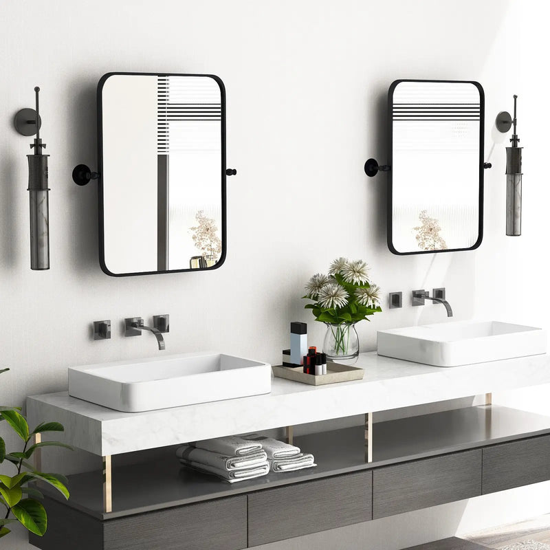 30 x 22 Inch Black Metal Framed Pivot Rectangle Wall-Mounted Mirror by DirectDeals