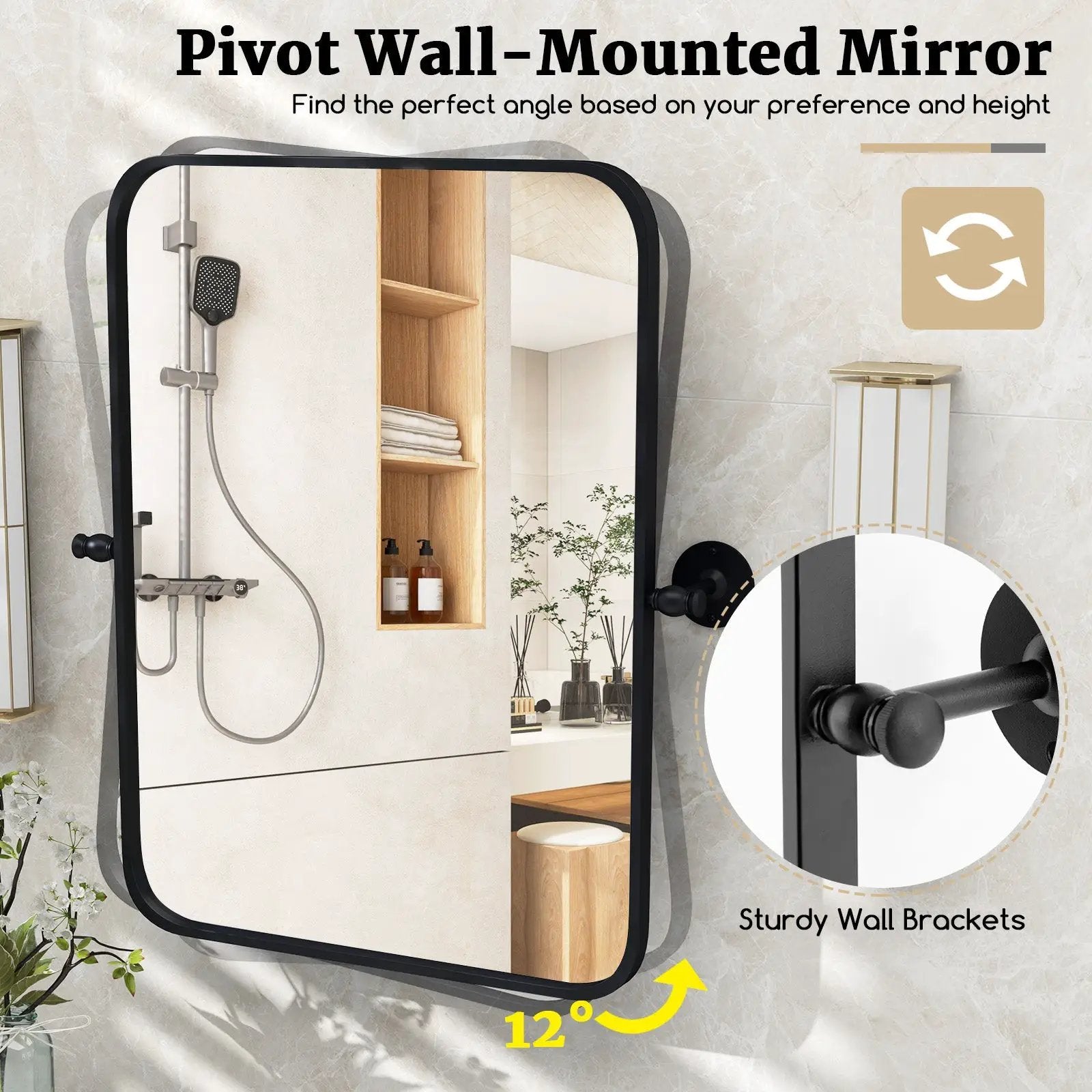 30 x 22 Inch Black Metal Framed Pivot Rectangle Wall-Mounted Mirror by DirectDeals